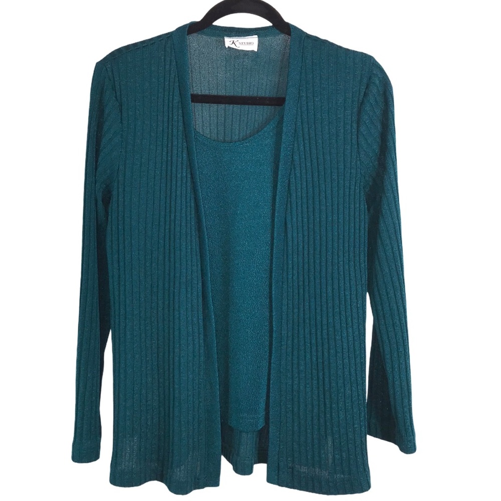 Vintage Two Piece Attached Teal Knit Cardigan Top